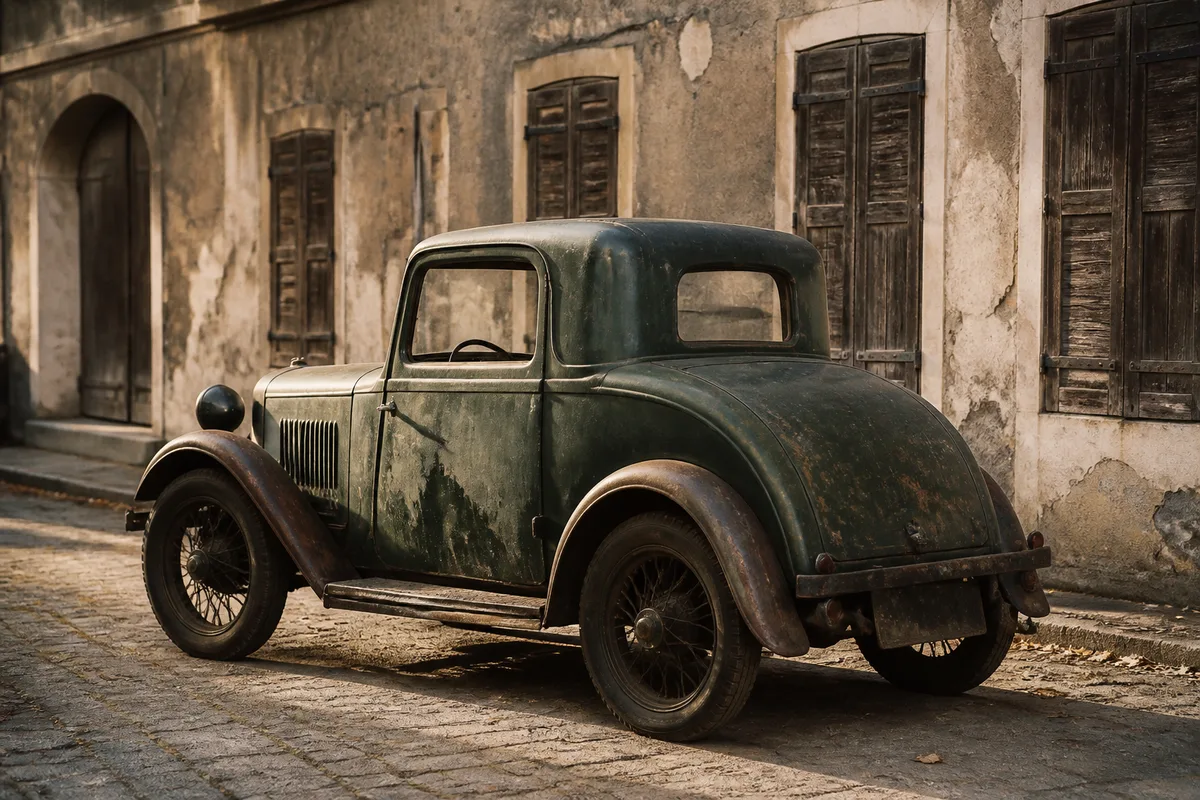 Fiat Topolino ancienne garée devant une façade italienne aux volets clos