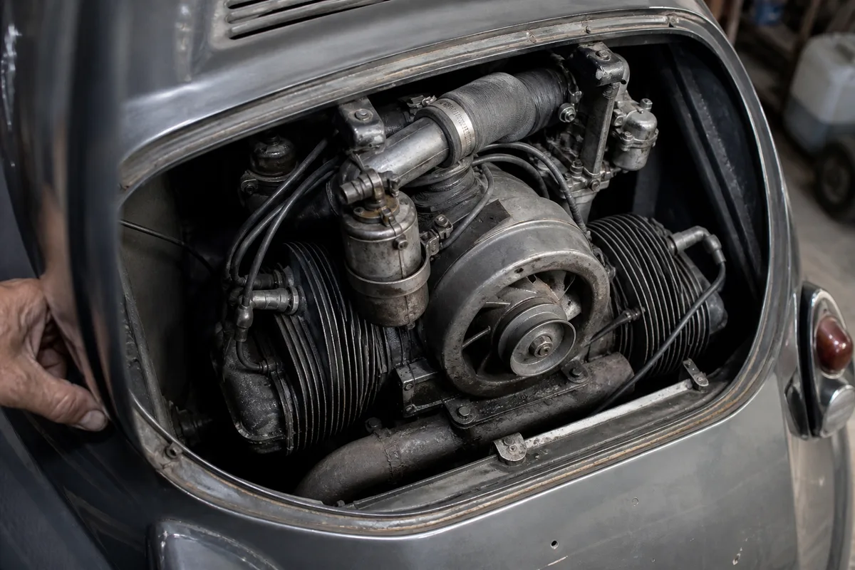 Moteur bicylindre refroidi par air d’une Fiat 500 ancienne, capot arrière ouvert