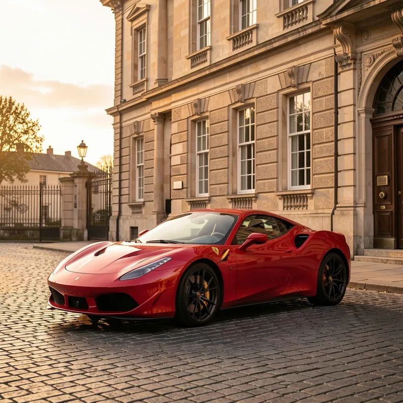 Coupé sportif italien rouge sur une route de montagne au coucher du soleil